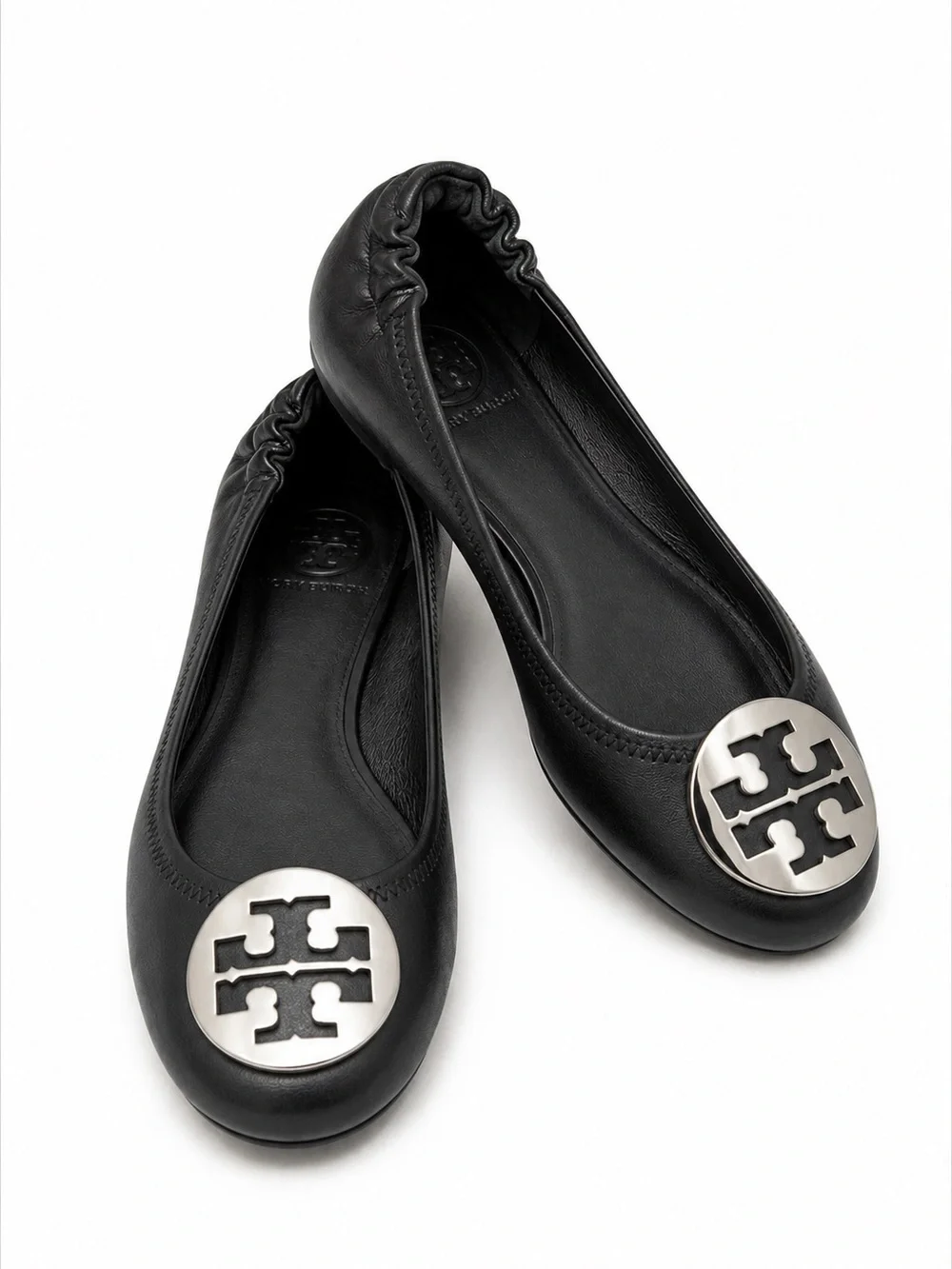 Tory Burch Minnie Ballet Flats Black Leather Silver Logo Logo Size 6
